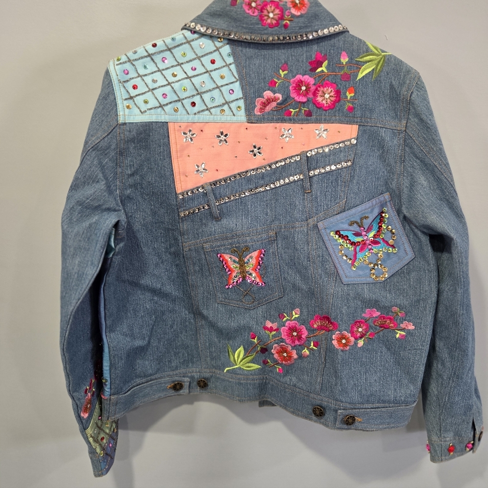 Funky Jean Jacket Berek Takako Sakon Medium Embroidered Butterfly Flowers - Picture 10 of 10